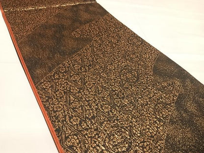 平和屋着物◎六通柄袋帯 道長花文 黒地 金糸 正絹 逸品 AABE7245yx