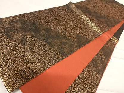 平和屋着物◎六通柄袋帯 道長花文 黒地 金糸 正絹 逸品 AABE7245yx