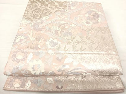 平和屋着物◎六通柄袋帯 花鳥文 銀糸 正絹 逸品 AABE7247yx