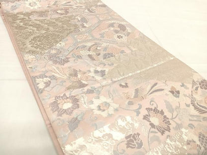 平和屋着物◎六通柄袋帯 花鳥文 銀糸 正絹 逸品 AABE7247yx
