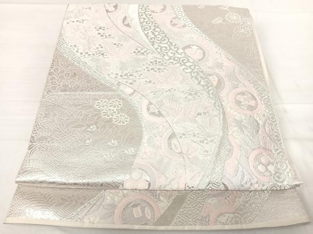 平和屋着物◎六通柄袋帯 唐織 飛鶴宝尽くし 銀糸 正絹 逸品 AABE7248yx