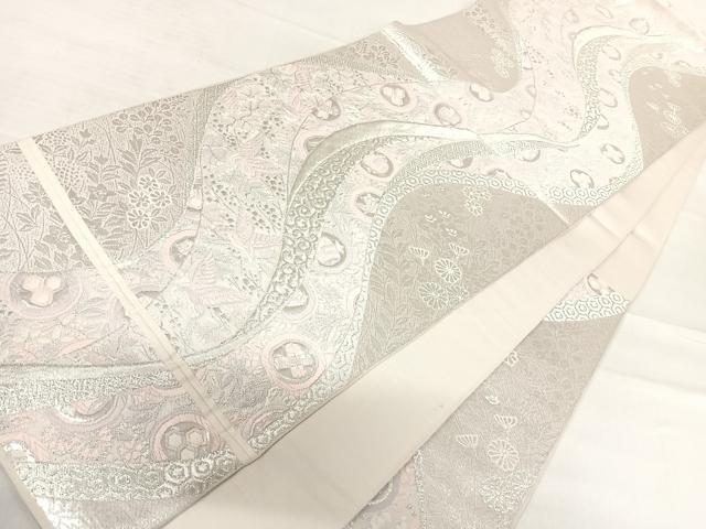 平和屋着物◎六通柄袋帯 唐織 飛鶴宝尽くし 銀糸 正絹 逸品 AABE7248yx