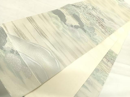 平和屋着物◎六通柄袋帯 風景文 銀糸 正絹 逸品 AABE7249yx