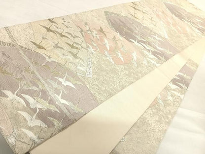 平和屋着物◎六通柄袋帯 地紙群鶴 金銀糸 正絹 逸品 AABE7252yx
