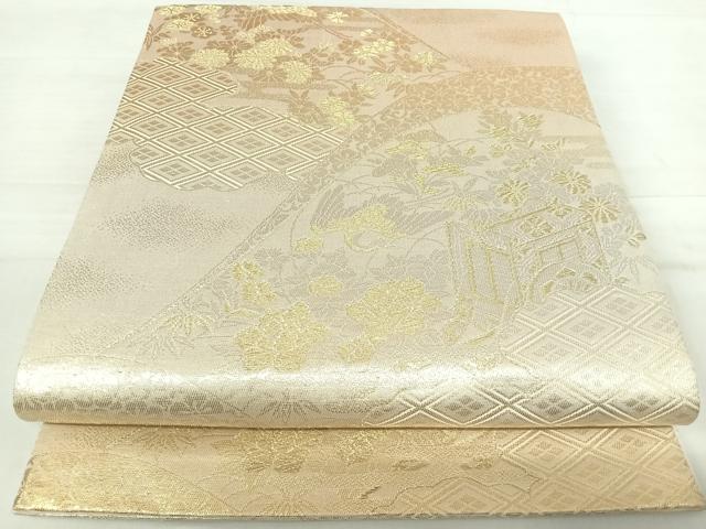 平和屋着物◎六通柄袋帯 飛鶴風景文 金銀糸 正絹 逸品 AABE7256yx