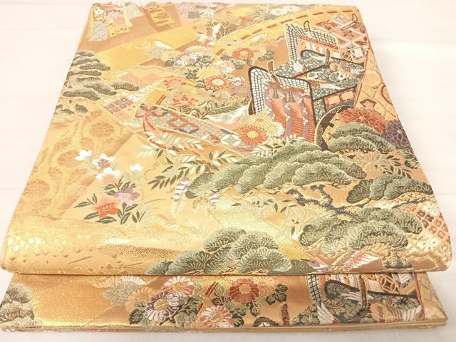 平和屋着物◎六通柄袋帯 唐織 松取能御所 金糸 正絹 逸品 AABE7264yx