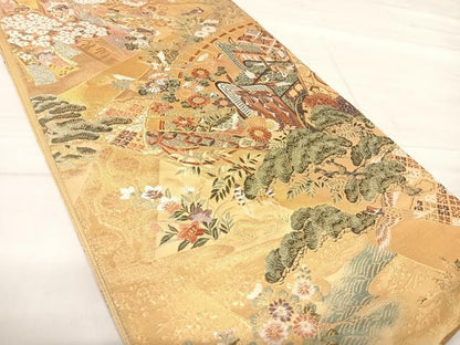 平和屋着物◎六通柄袋帯 唐織 松取能御所 金糸 正絹 逸品 AABE7264yx