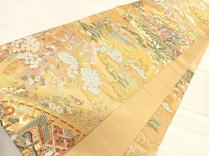 平和屋着物◎六通柄袋帯 唐織 松取能御所 金糸 正絹 逸品 AABE7264yx