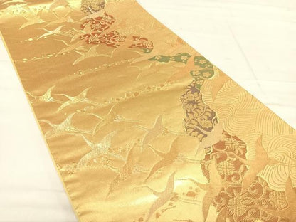 平和屋着物◎六通柄袋帯 飛鶴立波文 金糸 正絹 逸品 AABE7278yx