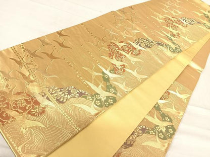 平和屋着物◎六通柄袋帯 飛鶴立波文 金糸 正絹 逸品 AABE7278yx