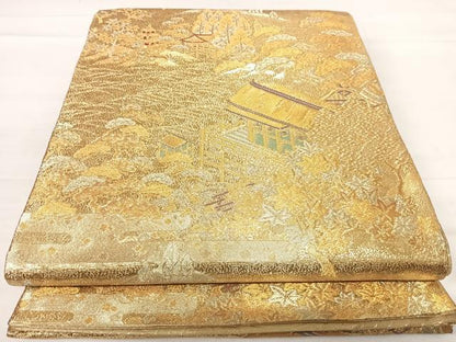 平和屋着物◎佐賀錦 六通柄袋帯 風景文 金糸 正絹 逸品 AABE7279yx