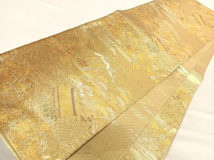 平和屋着物◎佐賀錦 六通柄袋帯 風景文 金糸 正絹 逸品 AABE7279yx