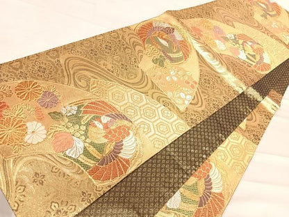 平和屋着物◎佐賀錦 六通柄袋帯 唐織 地紙花鳥文 金銀糸 正絹 逸品 AABE7284yx