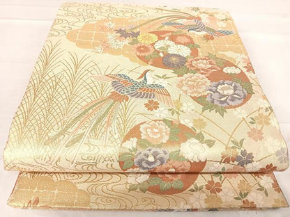 平和屋着物◎佐賀錦 六通柄袋帯 鳳凰花丸文 金糸 正絹 逸品 AABE7291yx