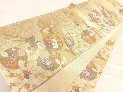 平和屋着物◎佐賀錦 六通柄袋帯 鳳凰花丸文 金糸 正絹 逸品 AABE7291yx