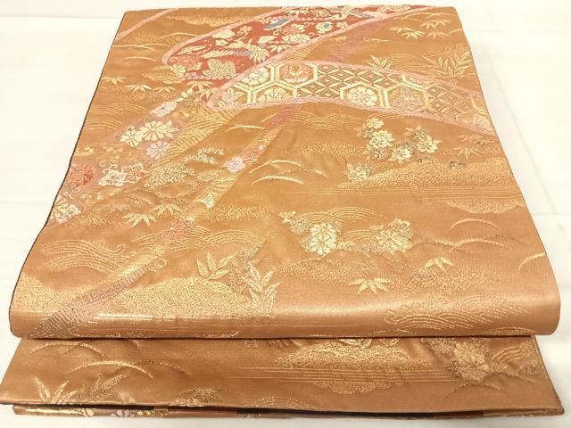 平和屋着物◎六通柄袋帯 飛鶴草花文 金糸 正絹 逸品 AABE7302yx