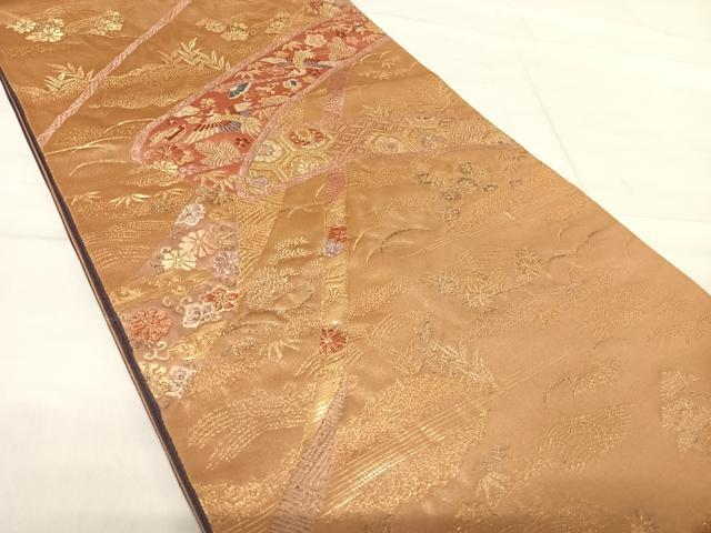 平和屋着物◎六通柄袋帯 飛鶴草花文 金糸 正絹 逸品 AABE7302yx