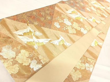 平和屋着物◎六通柄袋帯 飛鶴花文 金銀糸 正絹 逸品 AABE7312yx
