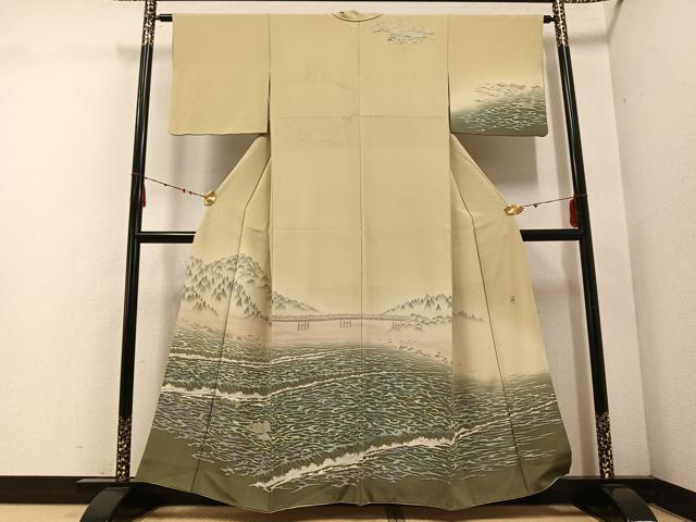 平和屋着物●十日町友禅作家 林静穂 訪問着 渡り橋流水樹林文 正絹 逸品 AABE7325ph