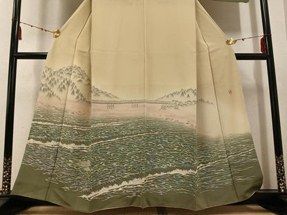 平和屋着物●十日町友禅作家 林静穂 訪問着 渡り橋流水樹林文 正絹 逸品 AABE7325ph
