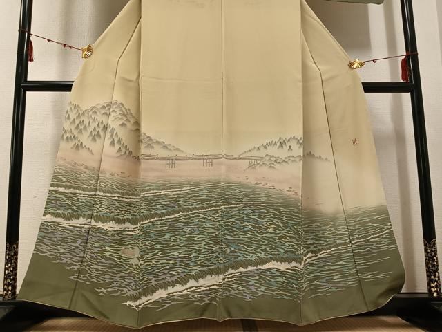 平和屋着物●十日町友禅作家 林静穂 訪問着 渡り橋流水樹林文 正絹 逸品 AABE7325ph