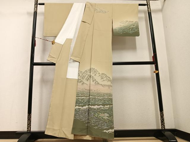 平和屋着物●十日町友禅作家 林静穂 訪問着 渡り橋流水樹林文 正絹 逸品 AABE7325ph