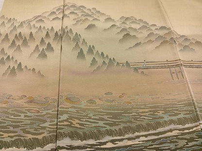 平和屋着物●十日町友禅作家 林静穂 訪問着 渡り橋流水樹林文 正絹 逸品 AABE7325ph