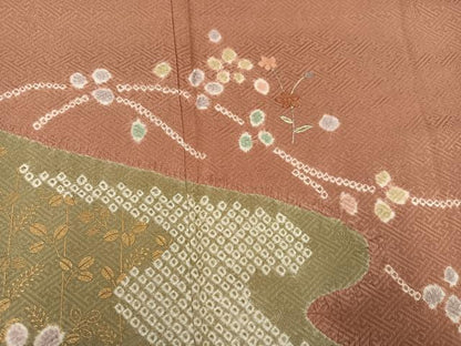 平和屋着物●訪問着　絞り　刺繍　草花文　金彩　正絹　逸品　AABE7347ph