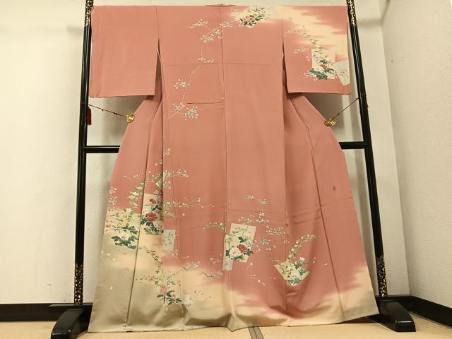 平和屋着物●訪問着　友禅　作家物　色紙枝花文　暈し染め　正絹　逸品　AABE7357ph