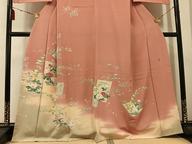 平和屋着物●訪問着　友禅　作家物　色紙枝花文　暈し染め　正絹　逸品　AABE7357ph