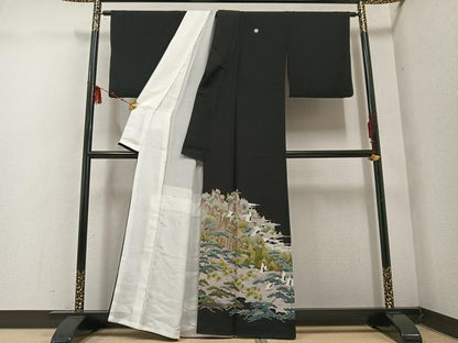平和屋着物●豪華黒留袖 友禅 作家物 群れ鶴草木文 正絹 逸品 AABE7396ph