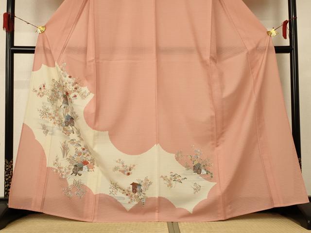 平和屋着物＊夏物 訪問着 絽 刺繍 御所車花文 洗える着物 AABE7403jd