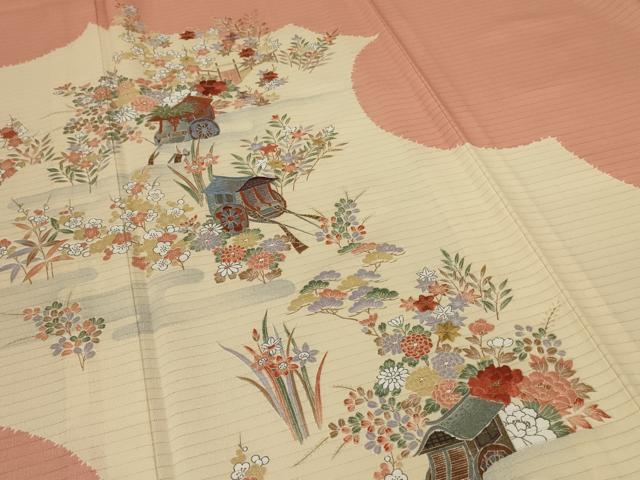 平和屋着物＊夏物 訪問着 絽 刺繍 御所車花文 洗える着物 AABE7403jd