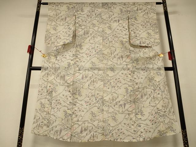 平和屋着物＊夏物 小千谷ちぢみ 風景文 麻 逸品 AABE7416jd