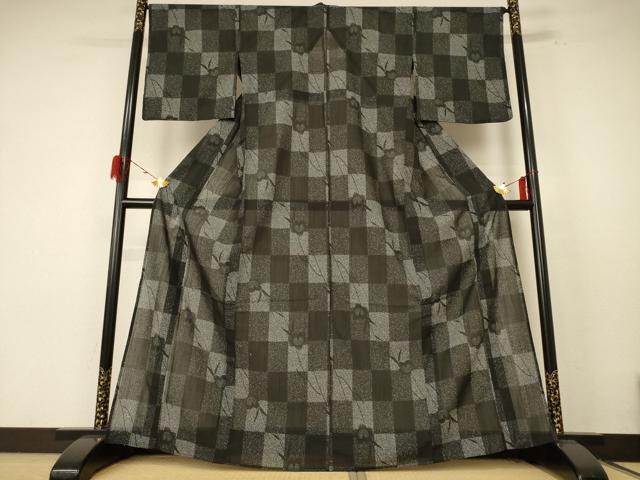 平和屋着物＊夏物 小紋 紗 市松花文 洗える着物 AABE7430jd