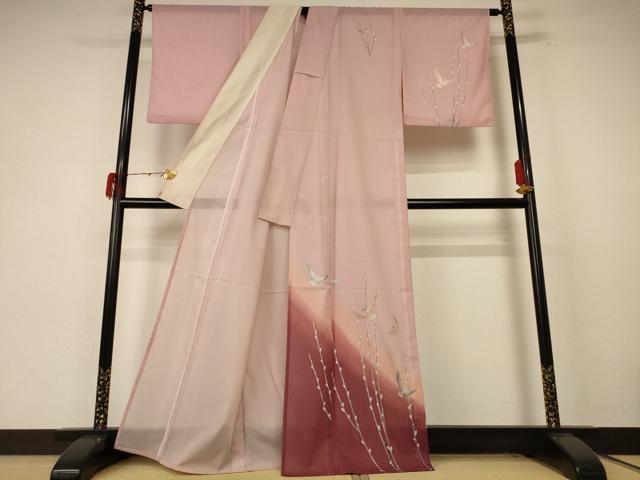 平和屋着物＊夏物 訪問着 絽 花鳥文 暈し染め 銀彩 洗える着物 AABE7436jd