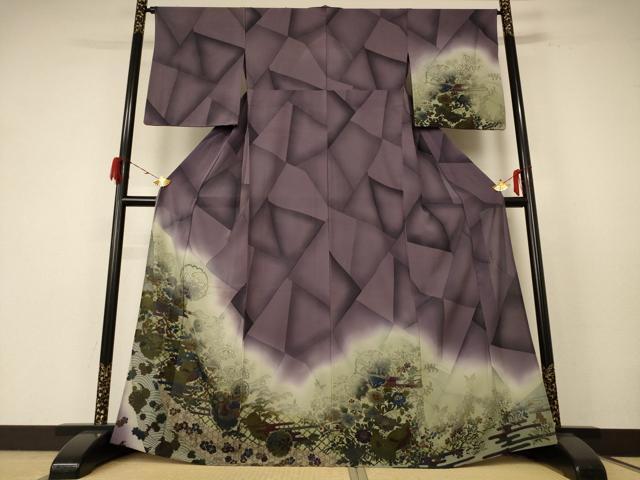 平和屋着物＊夏物 前田仁仙 仁仙更紗 訪問着 絽縮緬 雪輪花鳥文 暈し染め さが美扱い 正絹 逸品 AABE7447jd