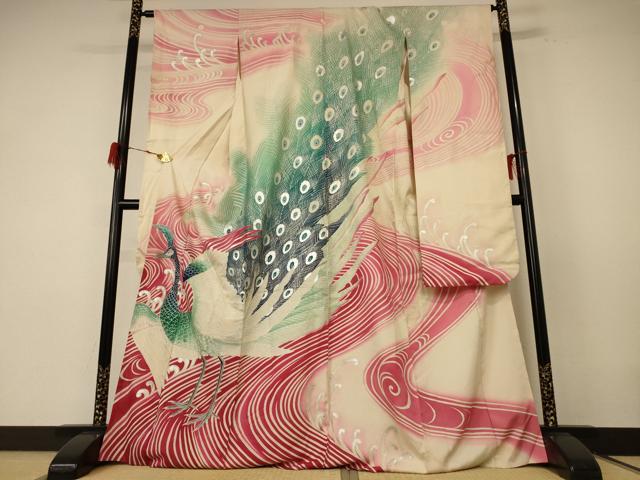 平和屋着物＊夏物　アンティーク　大正ロマン　振袖　絽　孔雀文　銀彩　正絹　逸品　AABE7470jd6