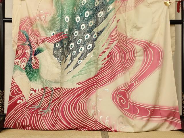 平和屋着物＊夏物　アンティーク　大正ロマン　振袖　絽　孔雀文　銀彩　正絹　逸品　AABE7470jd6