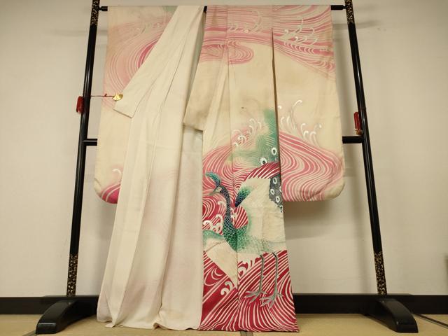 平和屋着物＊夏物　アンティーク　大正ロマン　振袖　絽　孔雀文　銀彩　正絹　逸品　AABE7470jd6