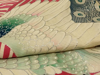 平和屋着物＊夏物　アンティーク　大正ロマン　振袖　絽　孔雀文　銀彩　正絹　逸品　AABE7470jd6