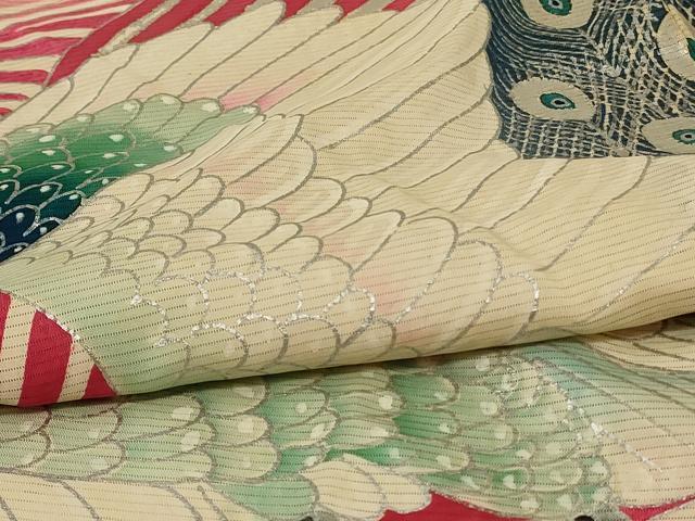 平和屋着物＊夏物　アンティーク　大正ロマン　振袖　絽　孔雀文　銀彩　正絹　逸品　AABE7470jd6