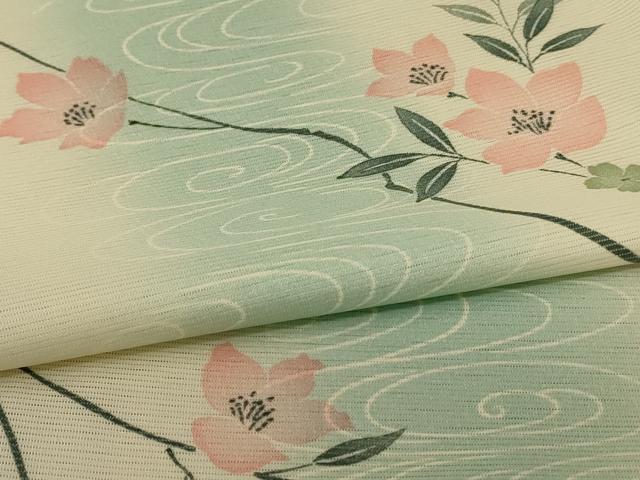 平和屋着物＊夏物 小紋 絽 流水草花文 洗える着物 AABE7478jd