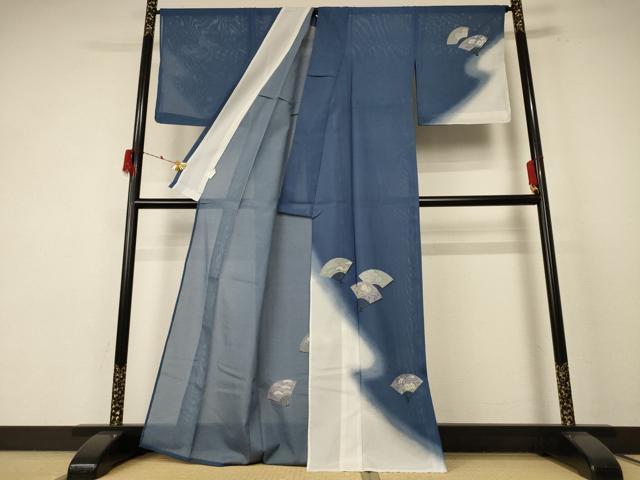 平和屋着物＊夏物 訪問着 絽 扇面花文 暈し染め 金彩 洗える着物 AABE7519jd