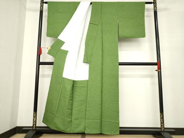 平和屋着物●上質な色無地 舞花地紋 苔色 正絹 逸品 AABE7531ck