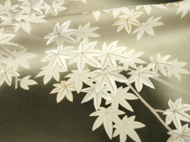 平和屋着物●訪問着　刺繍　枝葉文　楓　暈し染め　黒地　金糸　正絹　逸品　AABE7561ck