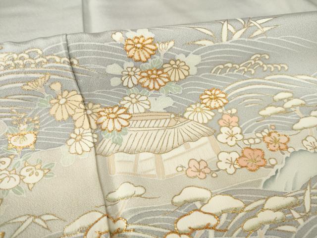 平和屋着物○訪問着 友禅 駒刺繍 風景文 金彩 正絹 逸品 未使用