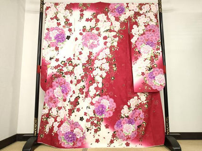 平和屋着物●豪華振袖　刺繍　舞花文　暈し染め　金彩　正絹　逸品　AABE7581ck
