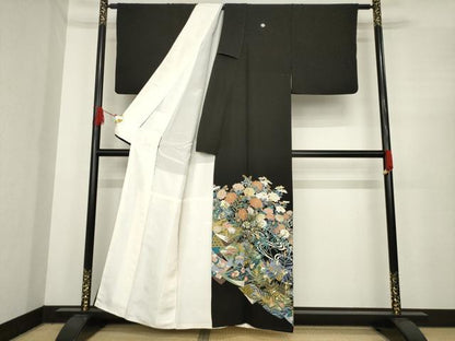平和屋着物●豪華黒留袖　友禅　作家物　蘇州刺繍　草花文　金糸　正絹　逸品　AABE7584ck