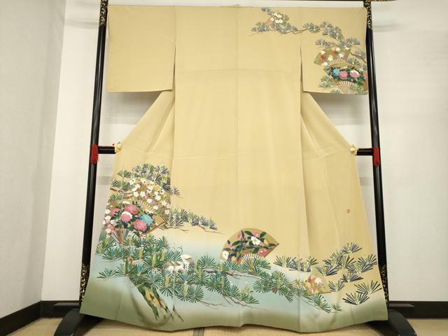 平和屋着物●訪問着　友禅　作家物　扇面群れ鶴花文　正絹　逸品　AABE7585ck 平和屋着物○訪問着 友禅 作家物 扇面群れ鶴花文 正絹 逸品 AABE7585ck